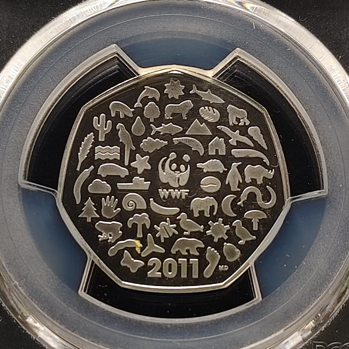 【全场包邮】纯粹捡漏拍481场（免费代拍第18场） 英国2011年50便士WWF组织50周年精制纪念银币-PCGS PR68 DCAM