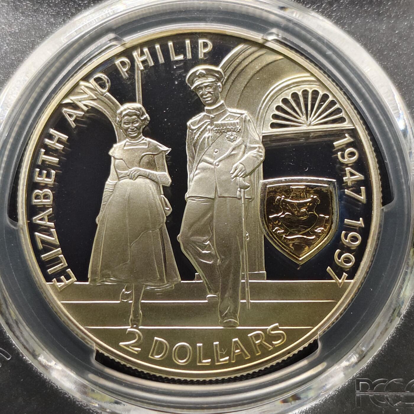 【全场包邮】纯粹捡漏拍481场（免费代拍第18场） 百慕大群岛1997年2元女王金婚局部镀金精制克朗型纪念银币-PCGS PR68 DCAM