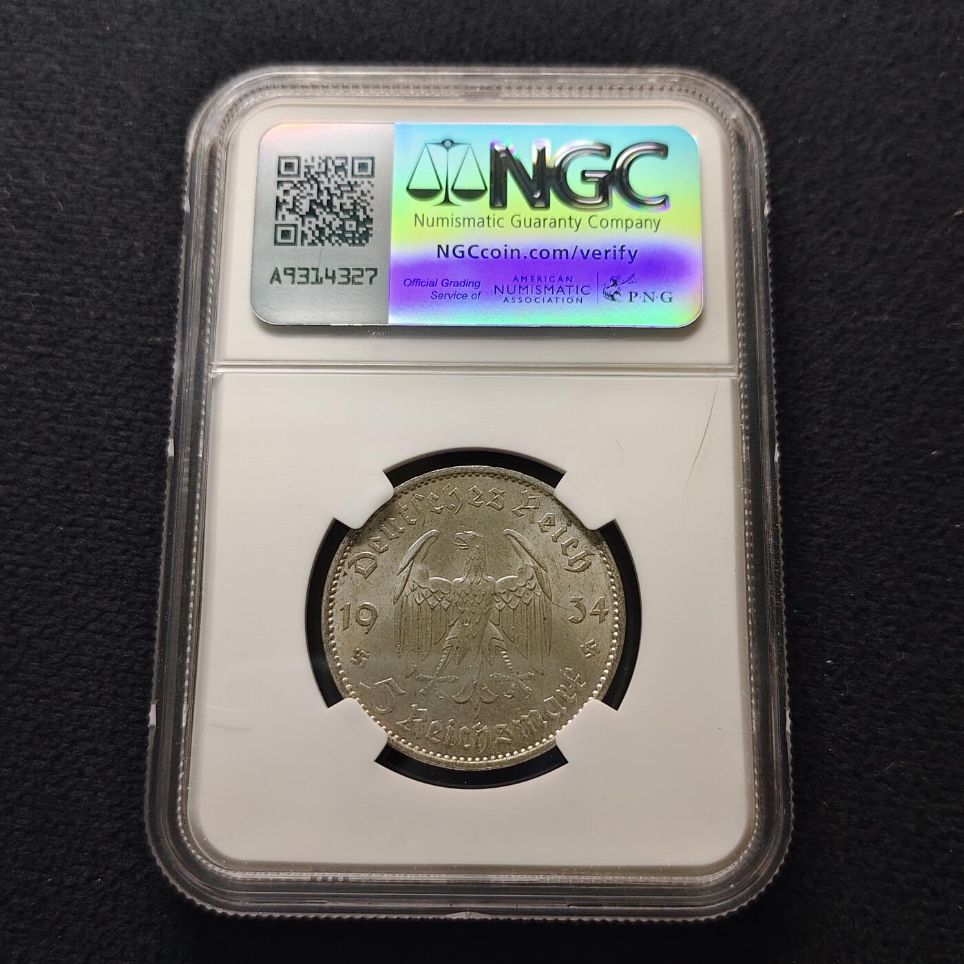 【全场包邮】纯粹捡漏拍481场（免费代拍第18场） 德国第三帝国1934年教堂5马克银币-NGC MS61