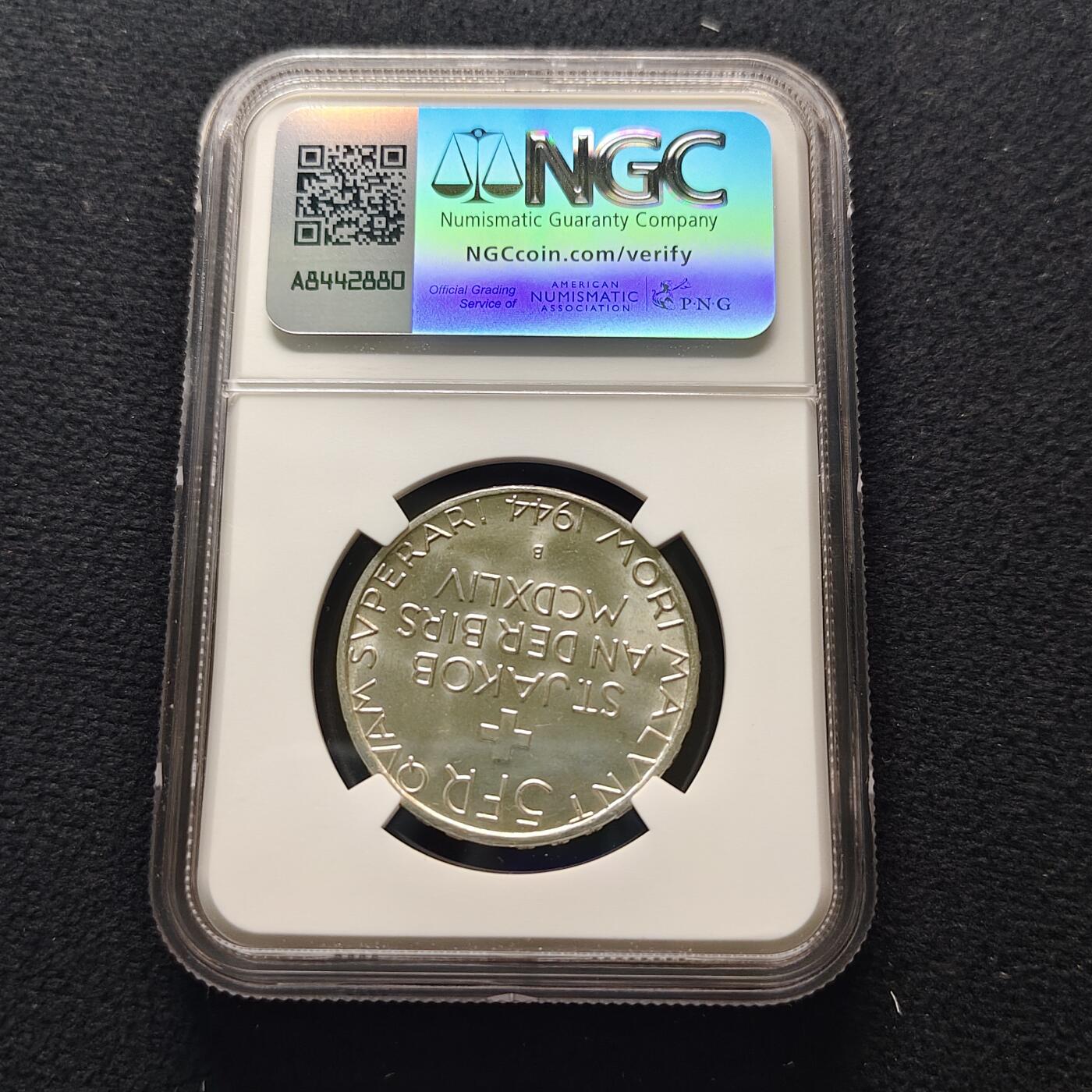 【全场包邮】纯粹捡漏拍481场（免费代拍第18场） 瑞士1944年5法郎比尔河畔圣雅各布战役500周年纪念银币-NGC MS66