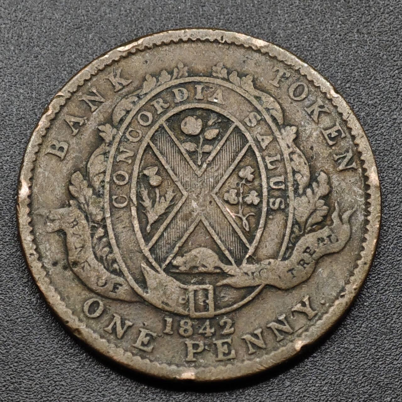 【淘币小摊】实时拍第八百零九拍   散币场   满百包邮可预留二周 每周一统一发货   加拿大1842年蒙特利尔银行一便士铜币代币