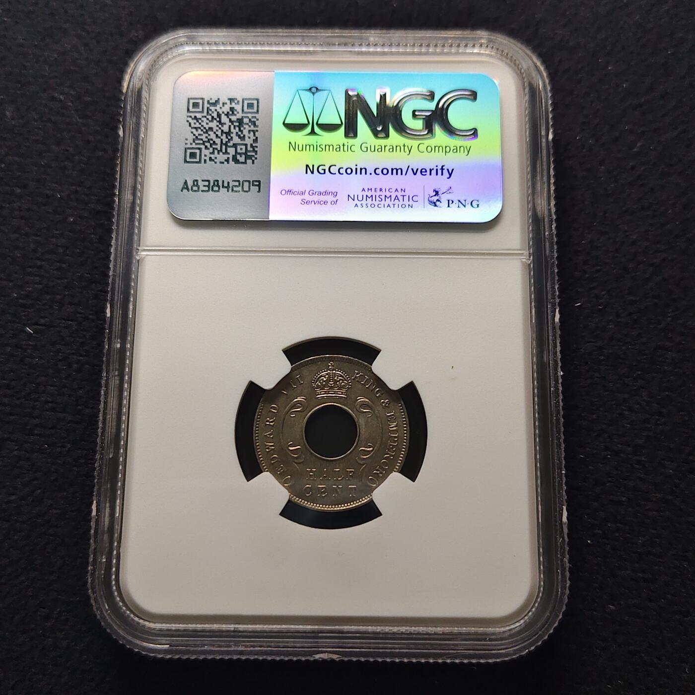 【全场包邮】纯粹捡漏拍481场（免费代拍第18场） 东非和乌干达保护地1909年爱德华七世1/2分-NGC MS65