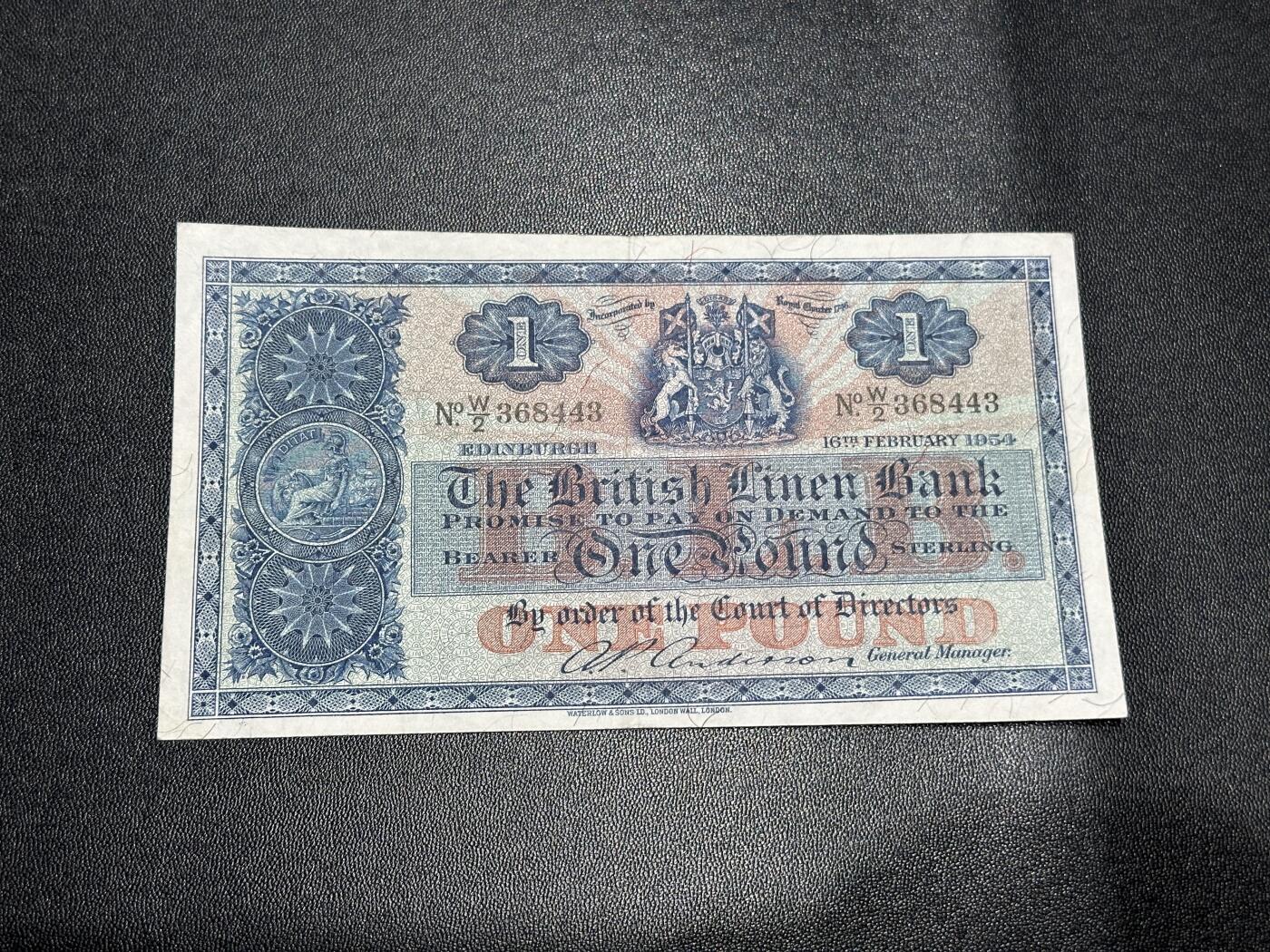 《外钞收藏家》第五百八十八期（优质场）（本平台长期征集拍品、欢迎藏友们联系合作） 1954年英国 亚麻银行1镑 非全新 品相如图