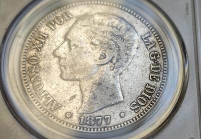 瓶子🏺第218期拍卖会 - 1877西班牙阿方索十二世五比塞塔银币  公博评级au 50首年 西班牙5比塞塔银币