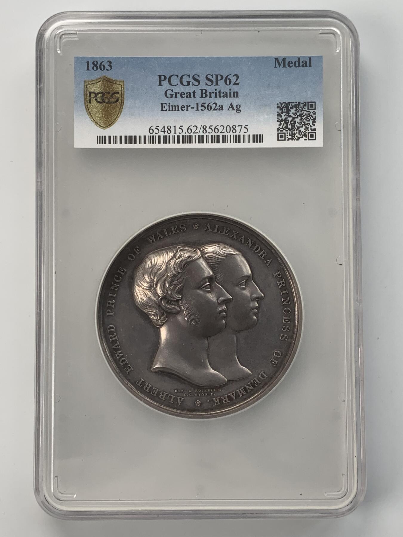掌中浮雕-藏着的欧洲第043场 PCGS SP62 : 1863年英国威尔士亲王爱德华与丹麦亚历山德拉公主大婚纪念银章，63mm