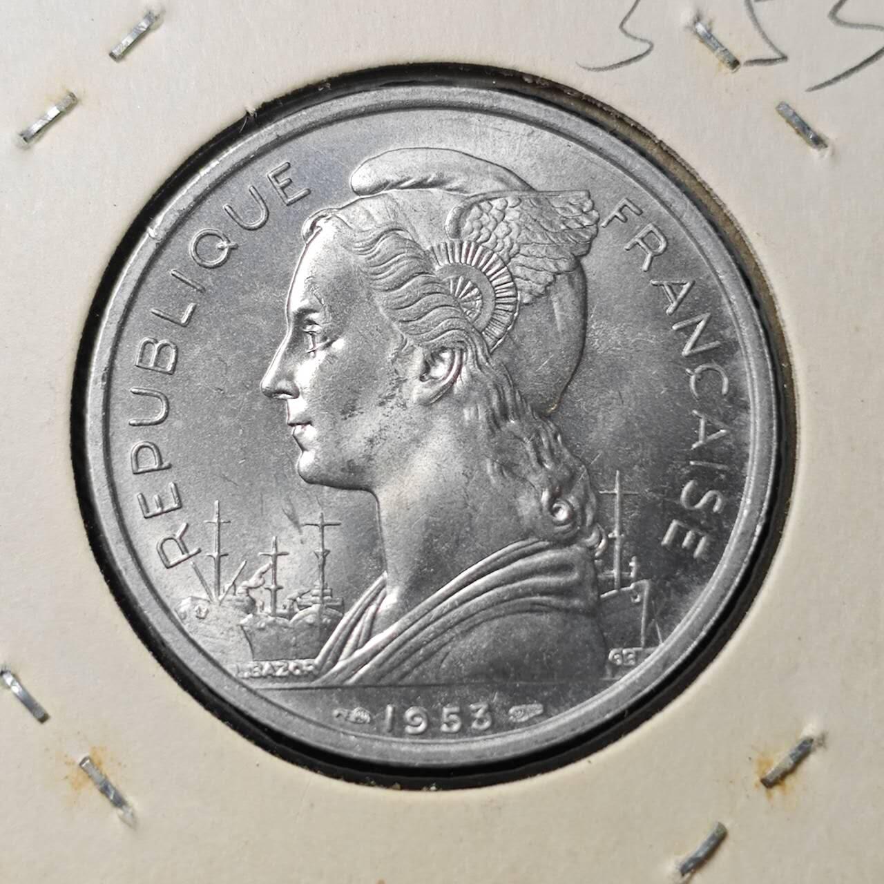 KK钱币收藏小铺 （套币 好品/批量散币 银币）专场  2月预留时间 周末发货  1953法属马达加斯加5法郎 好品