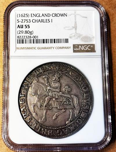 【Blue Auction】世界纸币精拍第755期——18级TOP拍卖/信誉/品质/专业/高效💫 -  【Type 1a 首版Horseman 仅4枚评级唯一亚军 名家旧藏】英国 查理一世（欧洲第一个上断头台的国王）1625年1克朗大银币 君主持剑人像、马鞍、马尾及铭文清晰可见 尤其是背面盾徽如此完美可遇不可求 查理一世任何克朗都非常珍贵 NGC AU55 通过对比整体观感远强于58那枚（该枚币传承有序，最早可追溯至200年前一位男爵的珍藏，其是SPINK钱币学先驱马修·扬的客户）   