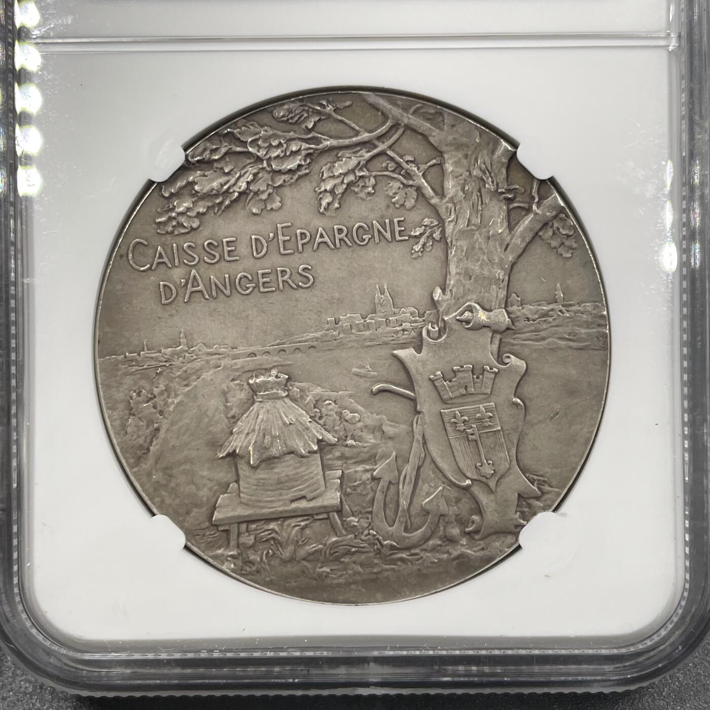 「木头集藏」章牌精品专场！ A.Patey～法国昂热储蓄银行银章，MS63，直径：41 mm，正面法语：储蓄确保繁荣，背面刻画船锚、大树（稳固、成长），蜂巢（勤劳、储蓄）以及法国昂热市城市盾徽，名家经典，双面设计。