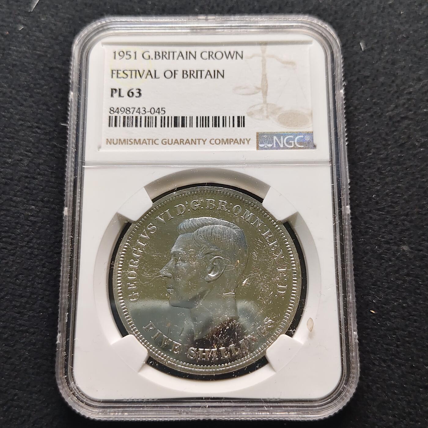 【全场包邮】纯粹捡漏拍481场（免费代拍第18场） 英国1951年乔治六世5先令最后的马剑克朗型纪念币-NGC PL63