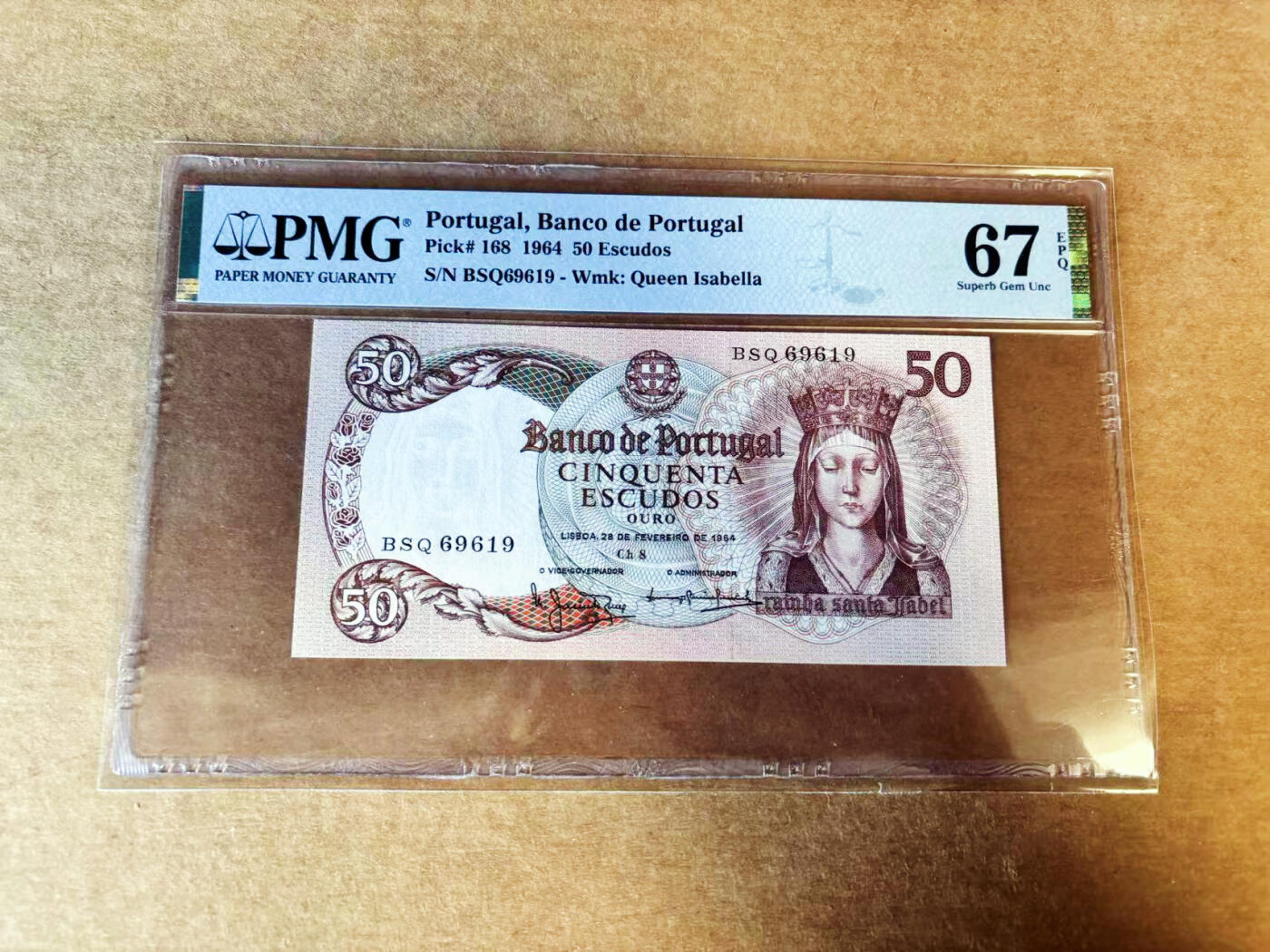 【Blue Auction】世界纸币精拍第755期——18级TOP拍卖/信誉/品质/专业/高效💫 【倒置号】葡萄牙 1964年50埃斯库多   PMG67EPQ 