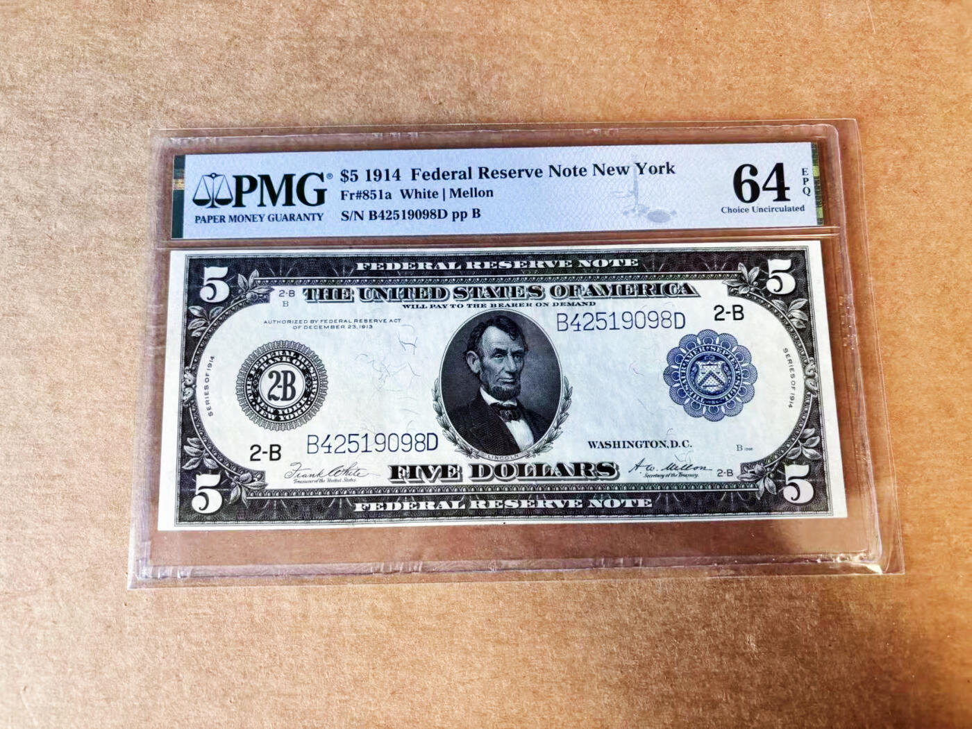 【Blue Auction】世界纸币精拍第755期——18级TOP拍卖/信誉/品质/专业/高效💫 美国 1914年5美金 纽约版 大票幅 正面林肯 背面征服者登陆大场景雕刻精美 PMG64EPQ  