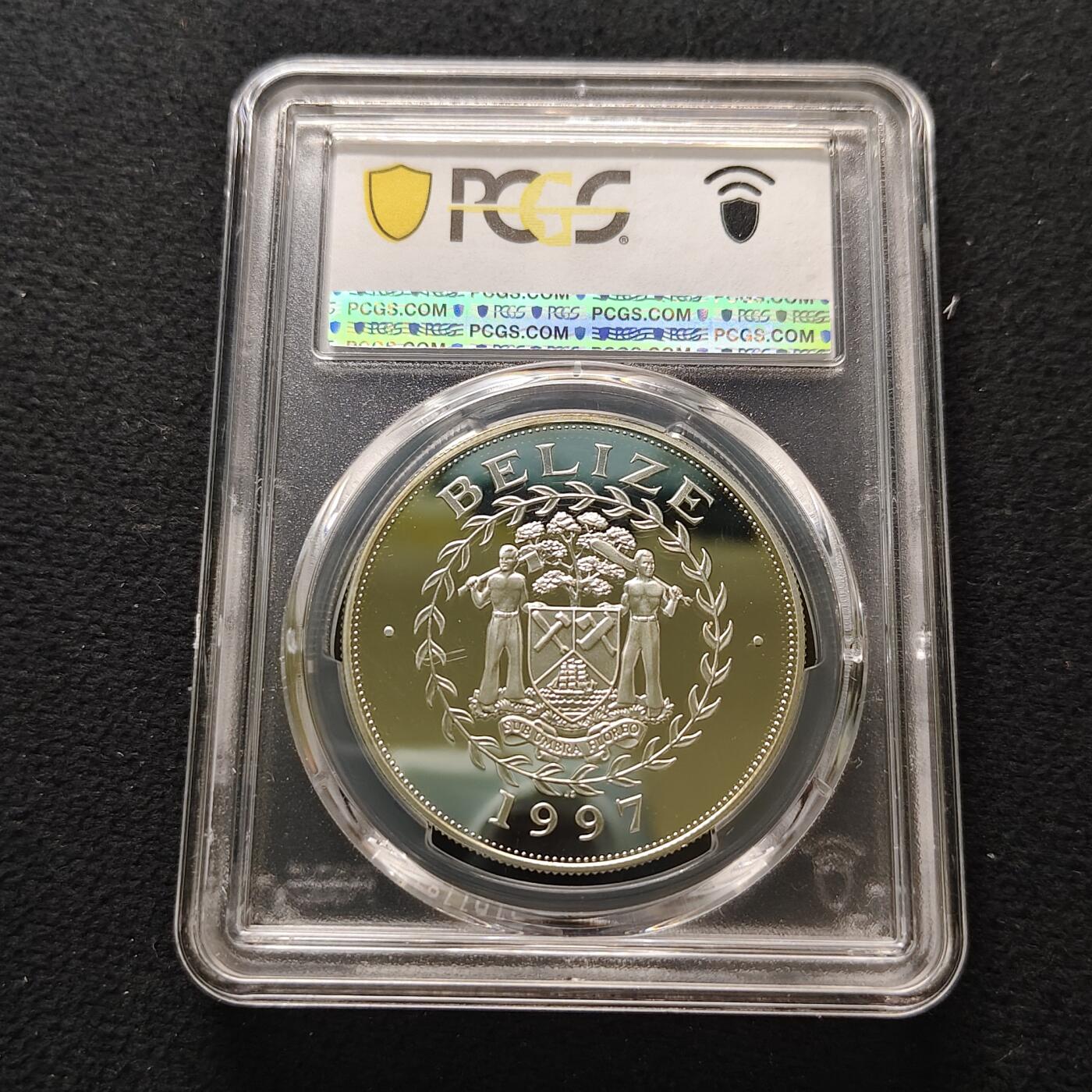 【全场包邮】纯粹捡漏拍481场（免费代拍第18场） 伯利兹1997年5元女王金婚局部镀金精制克朗型纪念银币-PCGS PR69 DCAM