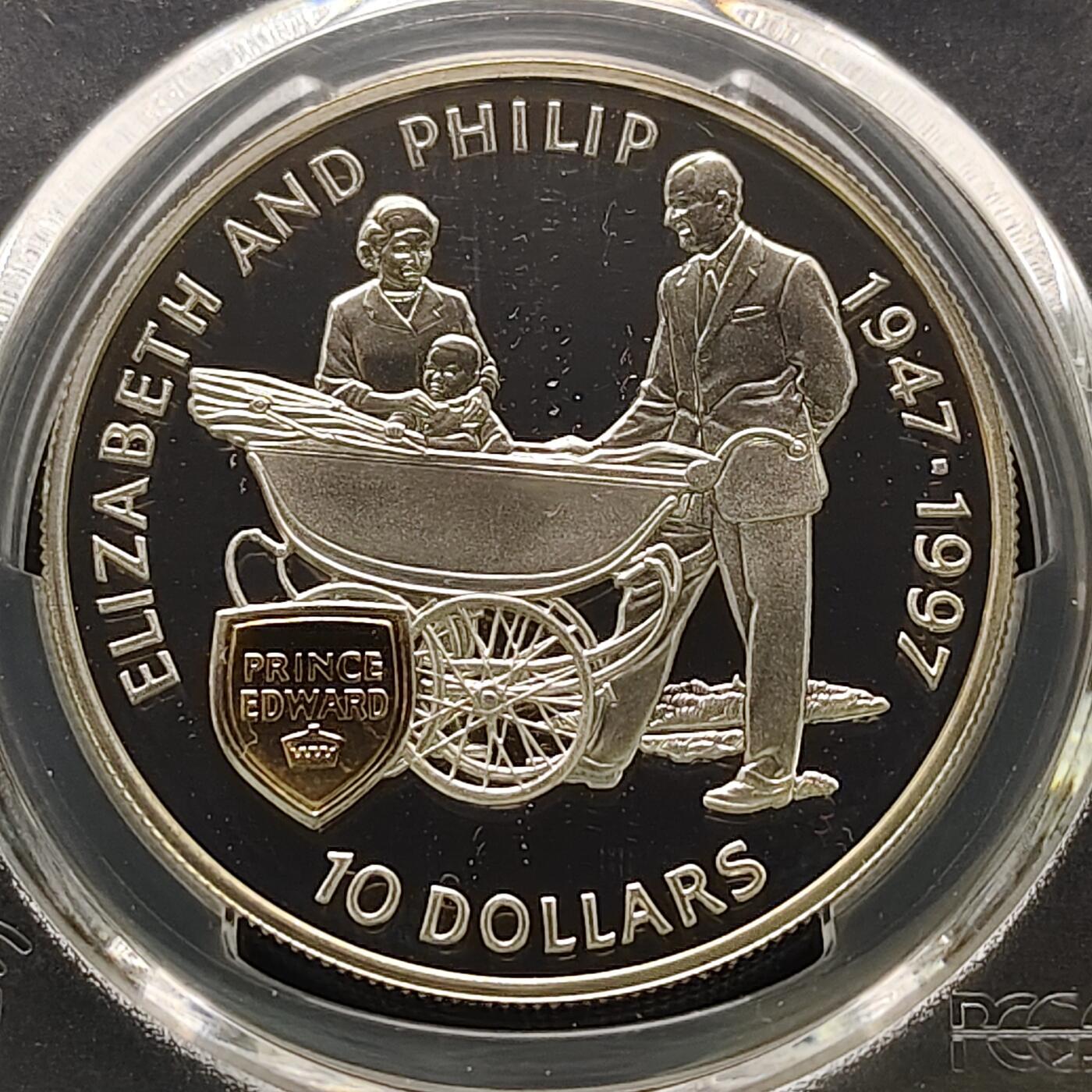 【全场包邮】纯粹捡漏拍481场（免费代拍第18场） 英属皮特凯恩1997年10元女王金婚局部镀金精制克朗型纪念银币-PCGS PR68 DCAM