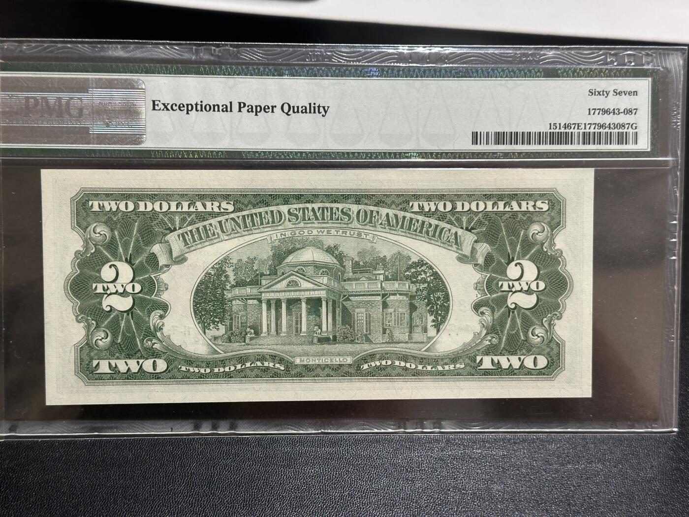 《外钞收藏家》第五百八十八期（优质场）（本平台长期征集拍品、欢迎藏友们联系合作） 1963年美国2美元 红库印 PMG67 AA冠