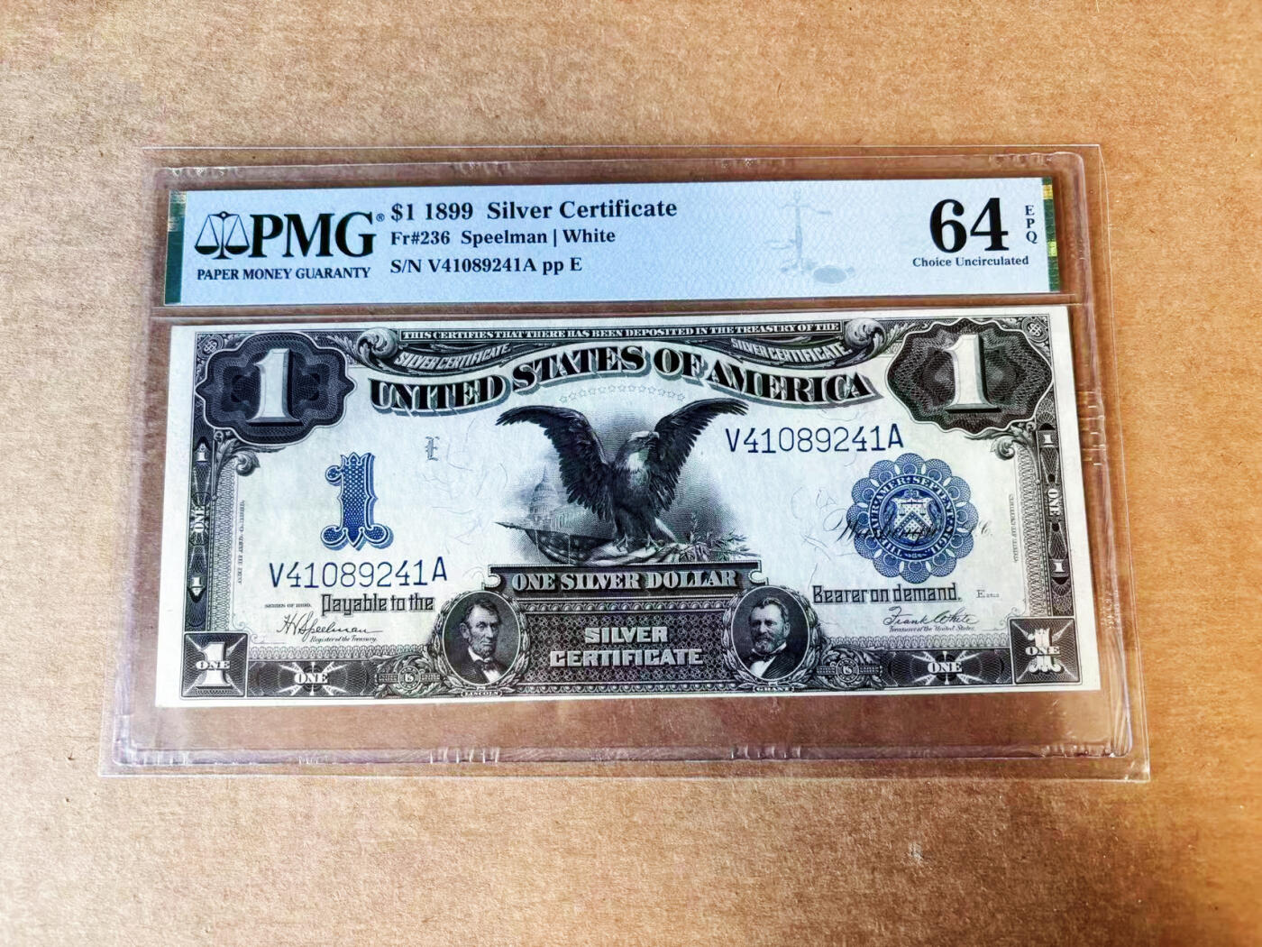 【Blue Auction】世界纸币精拍第755期——18级TOP拍卖/信誉/品质/专业/高效💫      美国 1899年1美金 大黑鹰 林肯和格兰特将军肖像 大票幅 PMG64EPQ 全新原票  