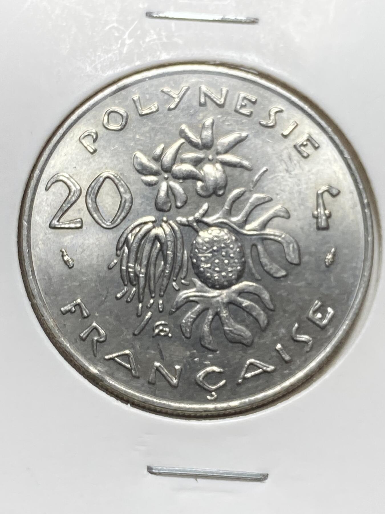 2025年第一百三十二场(总第一百五十八场）外国好品纸夹散币场(免佣金) 原光好品–法属波利尼西亚🇵🇫1979年20法郎(第二套流通硬币，Dolphin –海豚标)