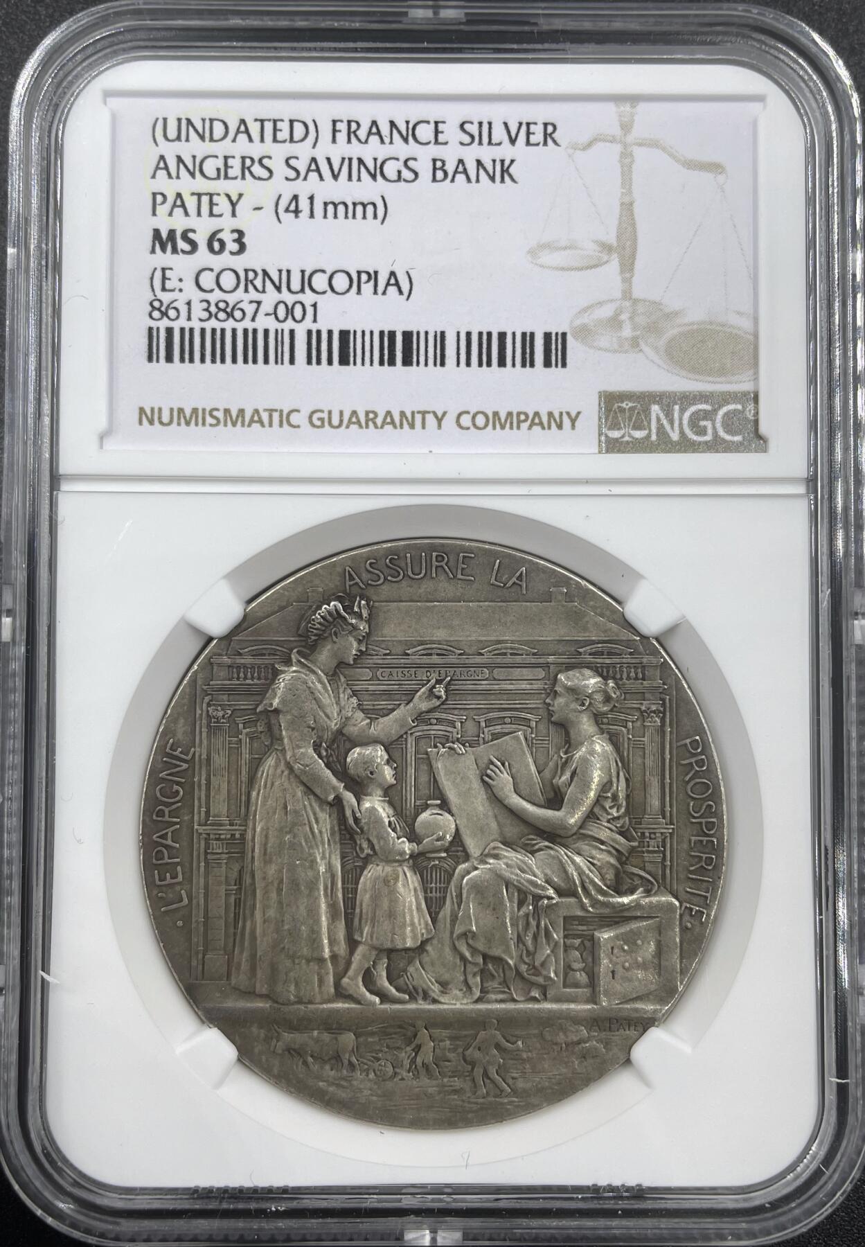 「木头集藏」章牌精品专场！ A.Patey～法国昂热储蓄银行银章，MS63，直径：41 mm，正面法语：储蓄确保繁荣，背面刻画船锚、大树（稳固、成长），蜂巢（勤劳、储蓄）以及法国昂热市城市盾徽，名家经典，双面设计。