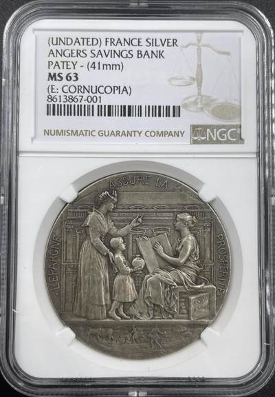 「木头集藏」章牌精品专场！ - A.Patey～法国昂热储蓄银行银章，MS63，直径：41 mm，正面法语：储蓄确保繁荣，背面刻画船锚、大树（稳固、成长），蜂巢（勤劳、储蓄）以及法国昂热市城市盾徽，名家经典，双面设计。
