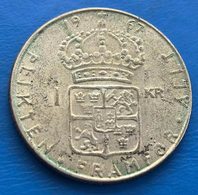 外国优质老铜币银币，周六九点倒数截拍，满百包邮，可寄存半年，喜欢朋友微信扫描二维码可直接参拍 - 瑞典1967年1克朗银币