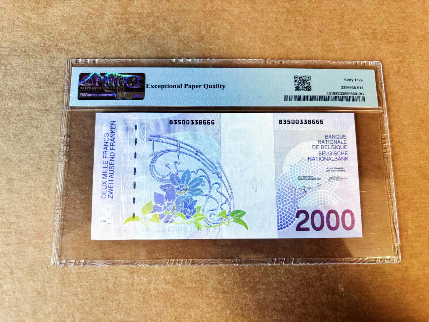 【Blue Auction】世界纸币精拍第755期——18级TOP拍卖/信誉/品质/专业/高效💫 【666豹子号无47】比利时 1994-2001年2000法郎 PMG65EPQ 