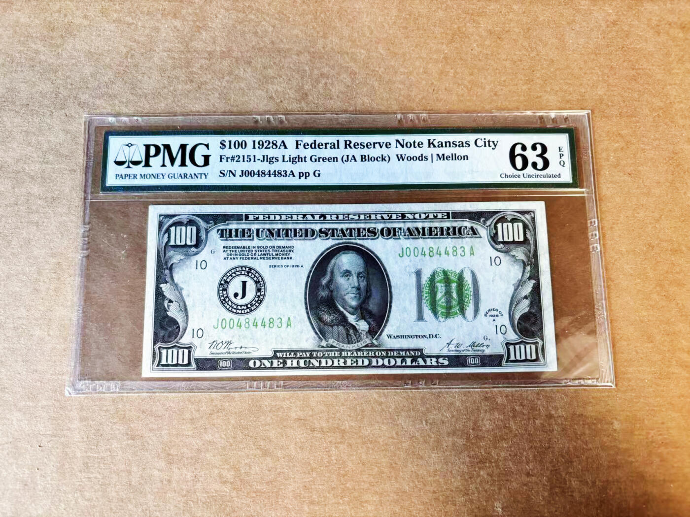 【Blue Auction】世界纸币精拍第755期——18级TOP拍卖/信誉/品质/专业/高效💫 【浅绿版 少见10区堪萨斯】美国 1928A 100美金 PMG63EPQ 老壳