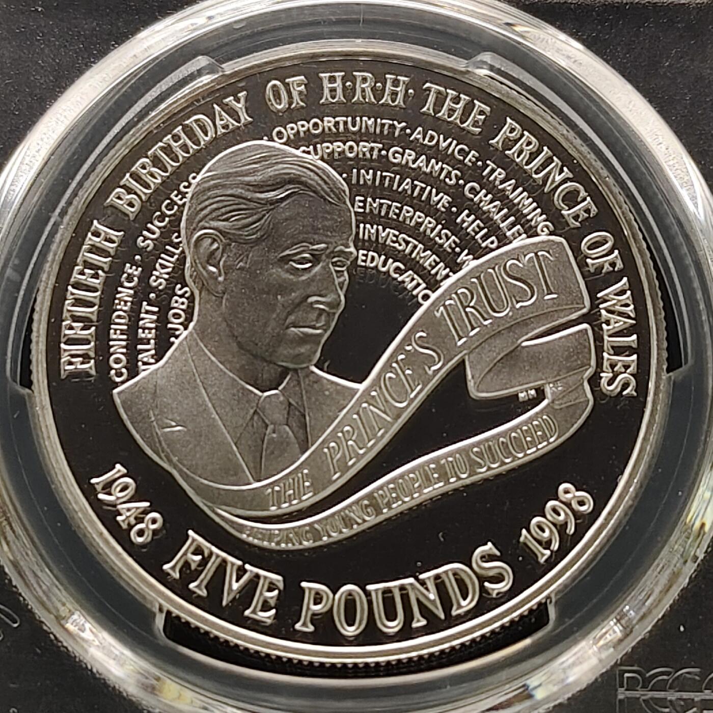 【全场包邮】纯粹捡漏拍481场（免费代拍第18场） 英国1998年5镑查尔斯王子50周岁诞辰精制克朗型纪念银币-PCGS PR68 DCAM
