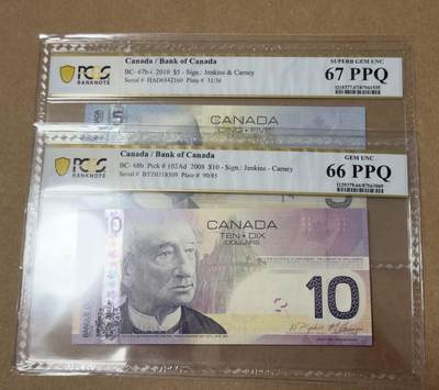 【礼羽收藏】🌏世界钱币拍卖第113期 - 加拿大旅版5-10元PCGS66-67分两张