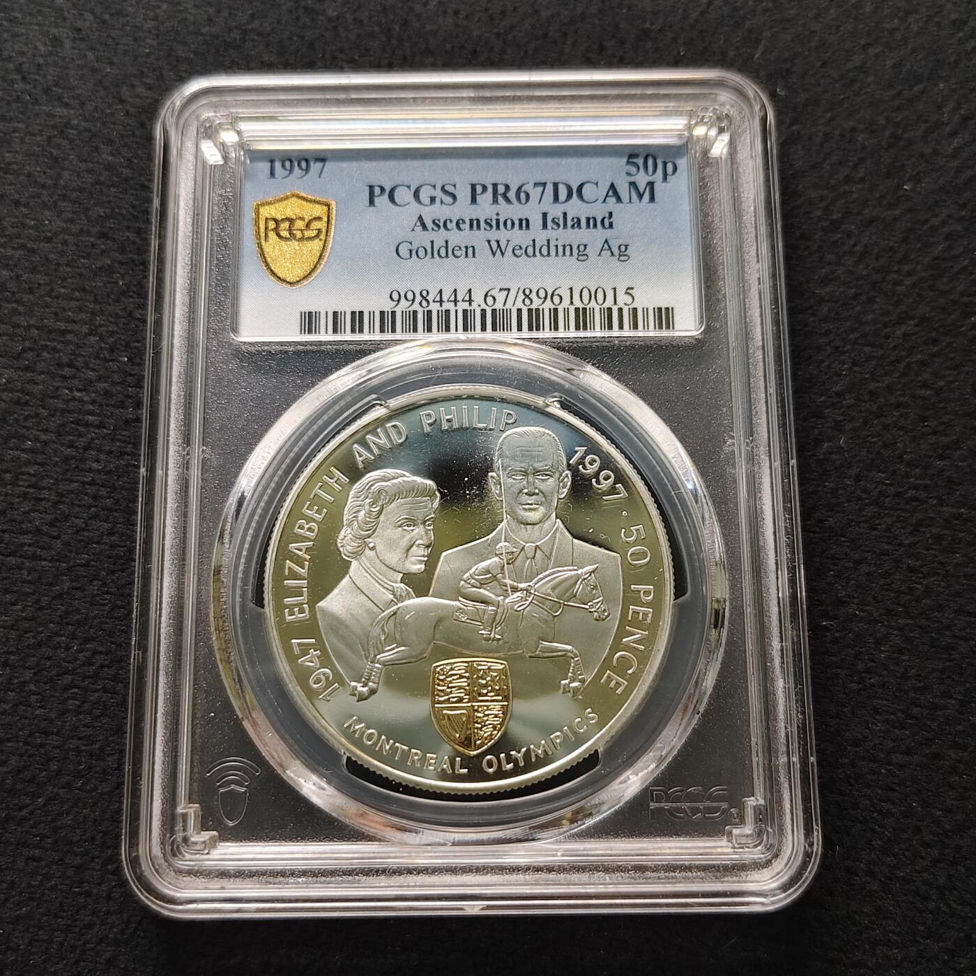 【全场包邮】纯粹捡漏拍481场（免费代拍第18场） 阿松森群岛1997年50便士女王金婚局部镀金精制克朗型纪念银币-PCGS PR67 DCAM