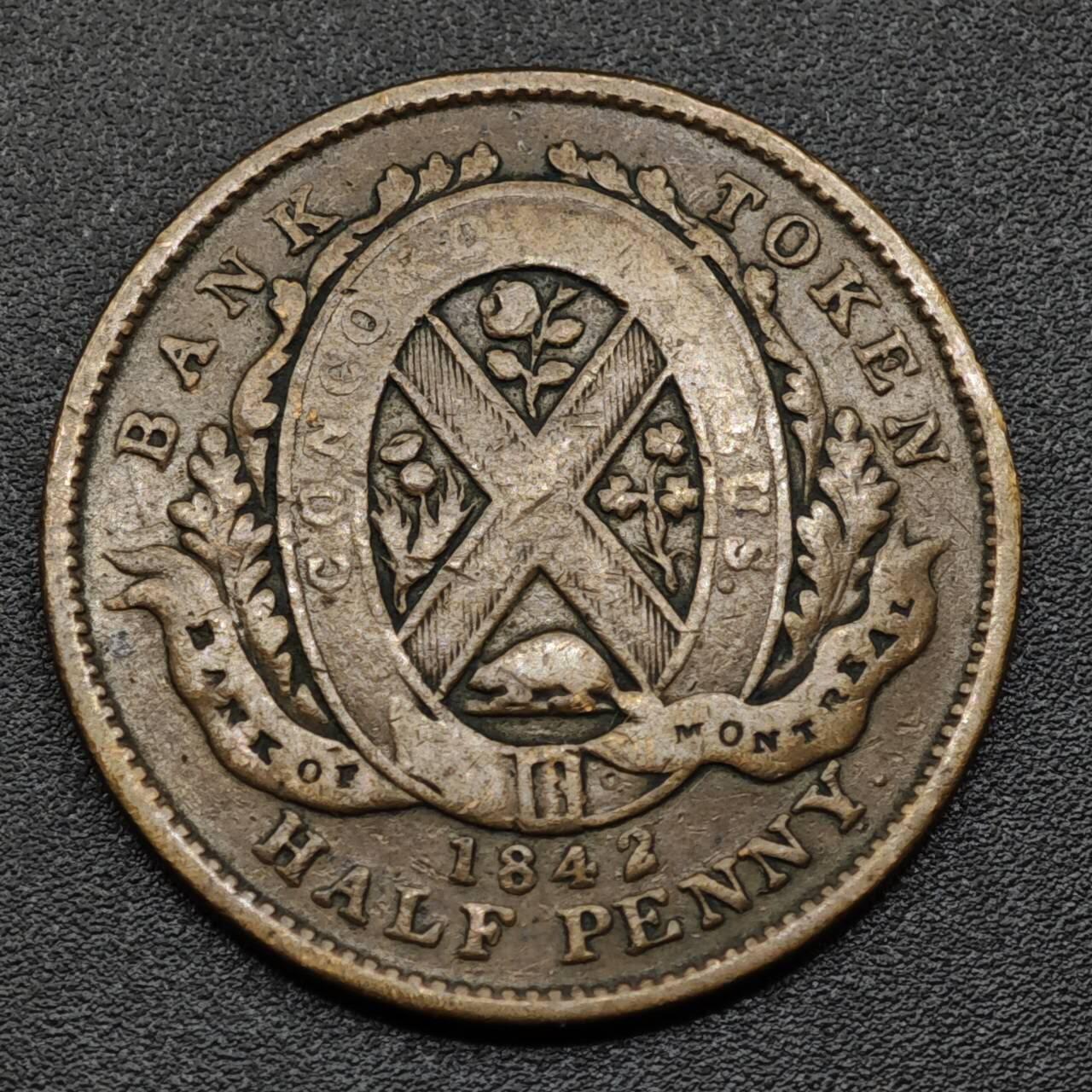 【淘币小摊】实时拍第八百零九拍   散币场   满百包邮可预留二周 每周一统一发货   加拿大1842年蒙特利尔银行半便士铜币代币