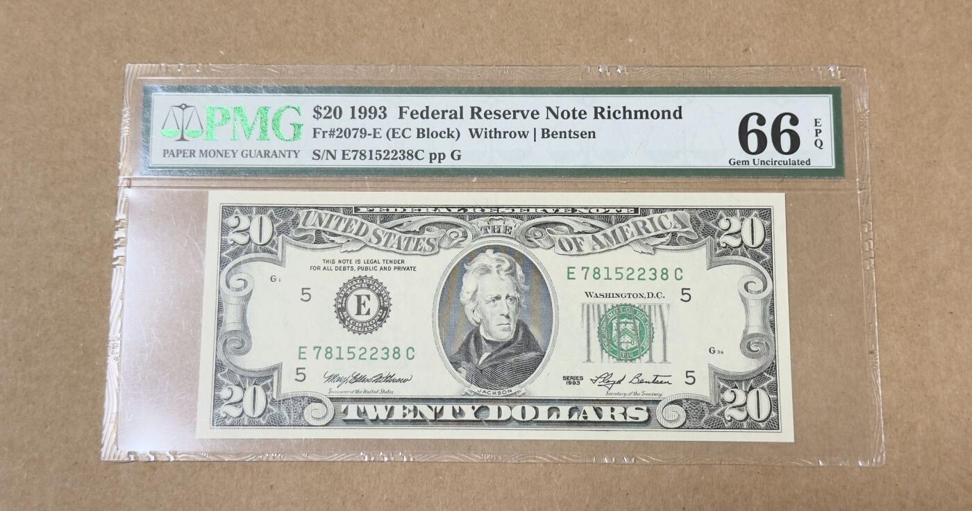 【礼羽收藏】🌏世界钱币拍卖第113期 93版小头20美元尾8PMG66分