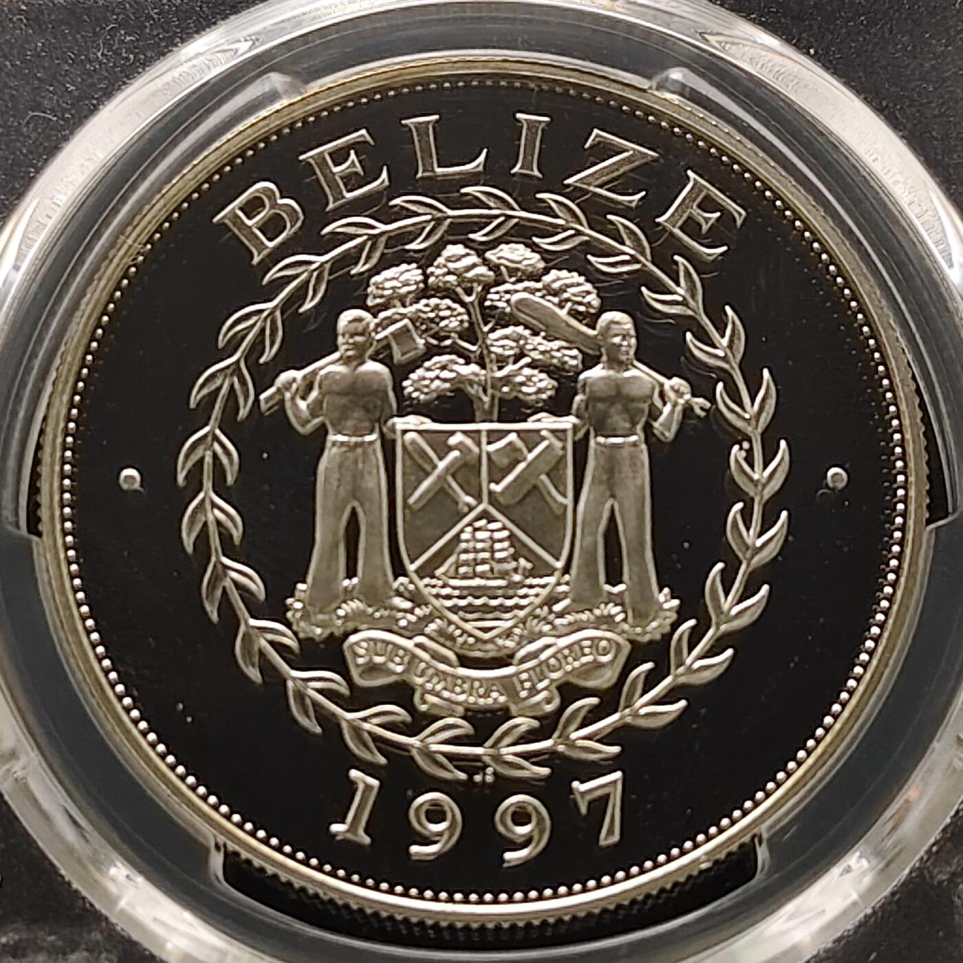 【全场包邮】纯粹捡漏拍481场（免费代拍第18场） 伯利兹1997年5元女王金婚局部镀金精制克朗型纪念银币-PCGS PR69 DCAM