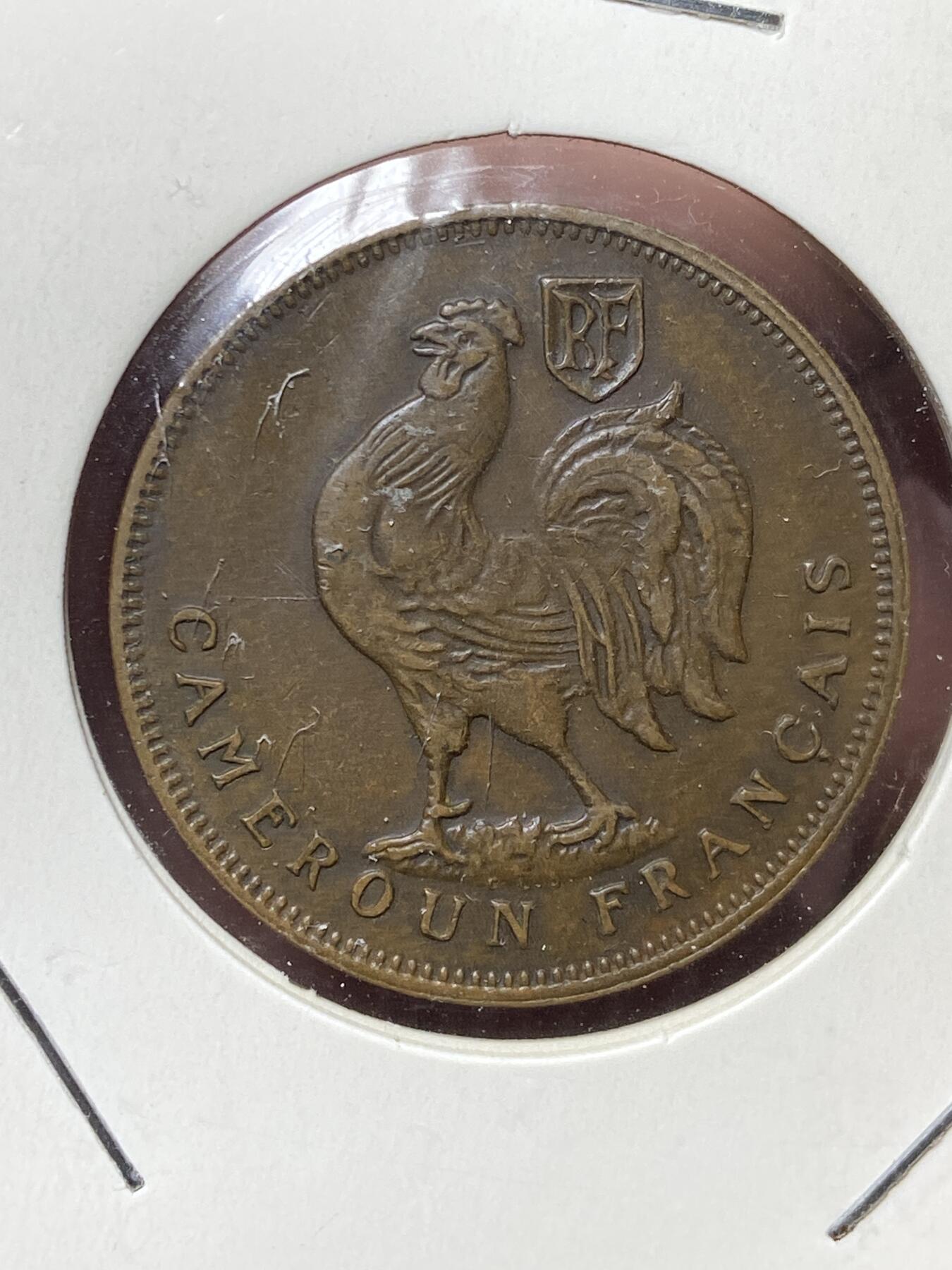 2025年第一百三十二场(总第一百五十八场）外国好品纸夹散币场(免佣金) 稀少好品–法属喀麦隆1943单年份1法郎(无自由字样，SA版南非比勒陀利亚造)