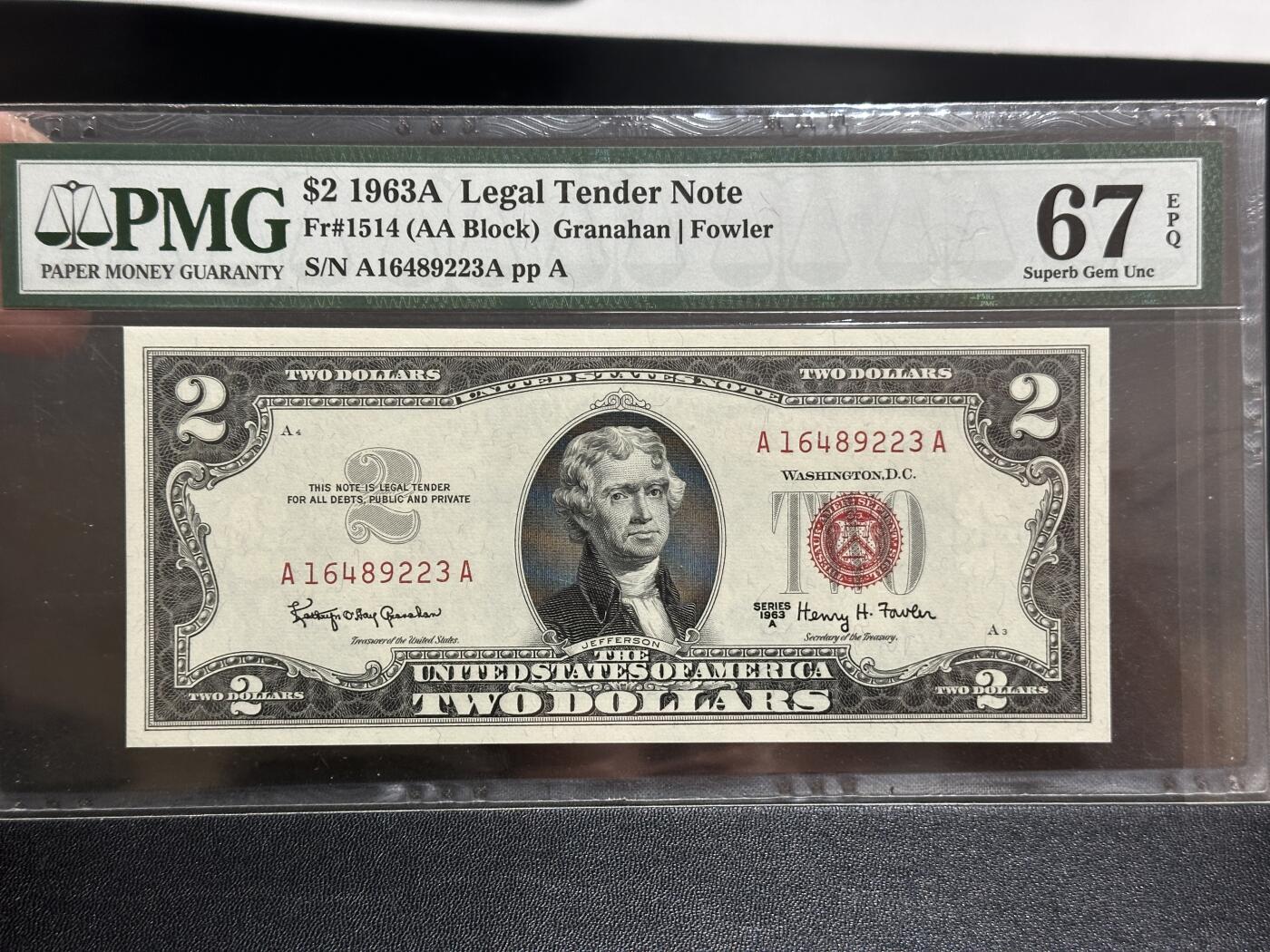 《外钞收藏家》第五百八十八期（优质场）（本平台长期征集拍品、欢迎藏友们联系合作） 1963年美国2美元 红库印 PMG67 AA冠