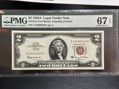 《外钞收藏家》第五百八十八期（优质场）（本平台长期征集拍品、欢迎藏友们联系合作） - 1963年美国2美元 红库印 PMG67 AA冠