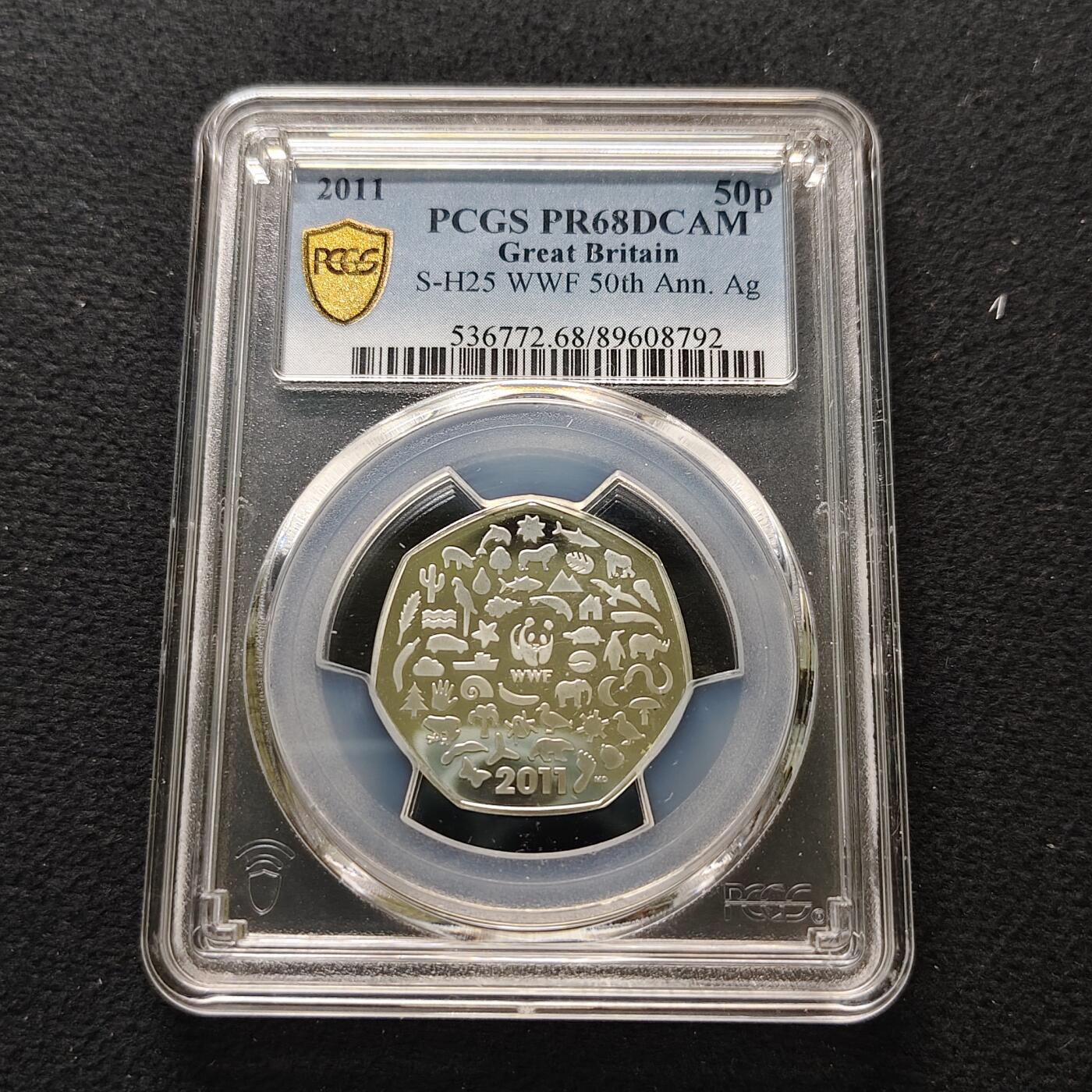 【全场包邮】纯粹捡漏拍481场（免费代拍第18场） 英国2011年50便士WWF组织50周年精制纪念银币-PCGS PR68 DCAM