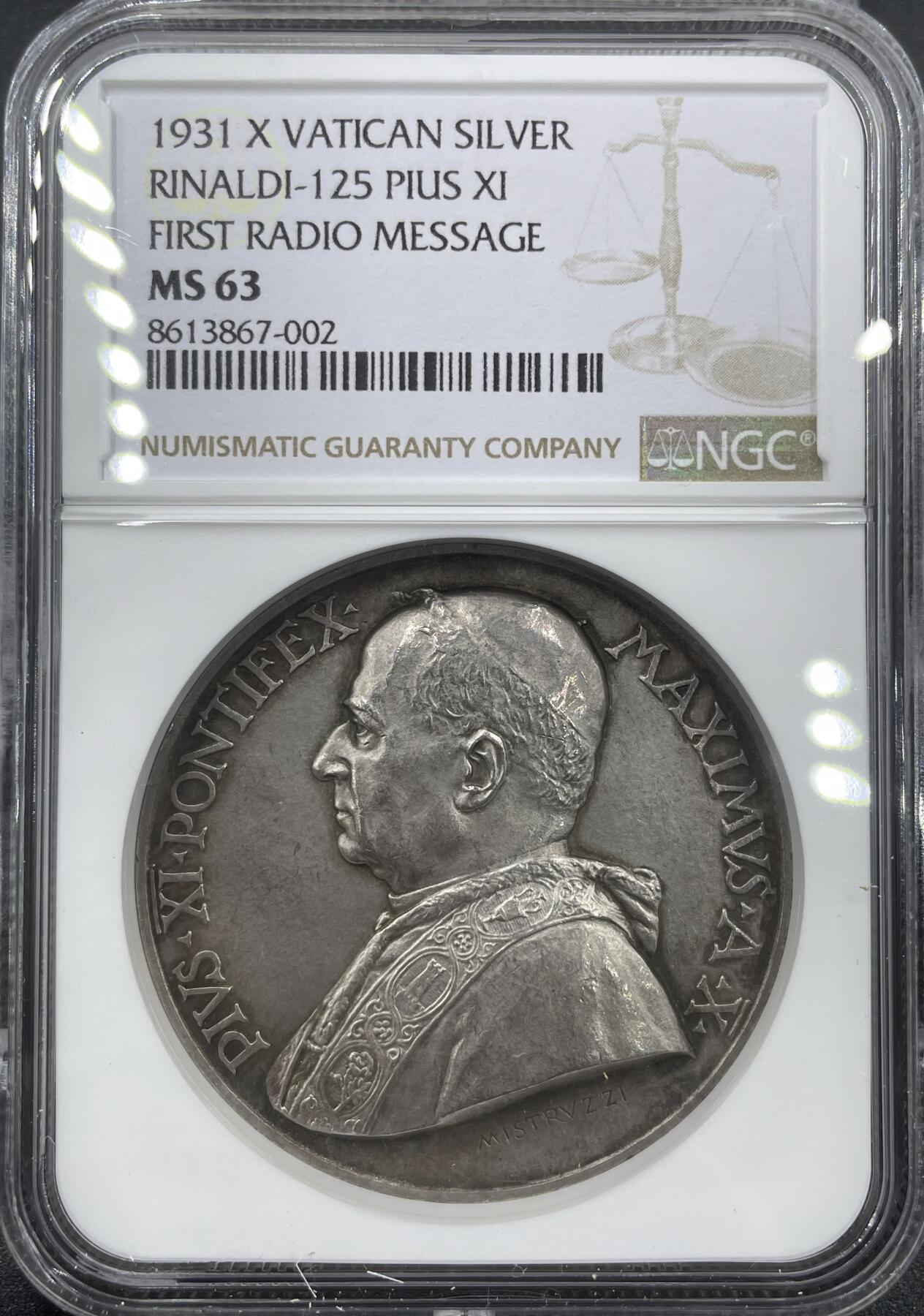 「木头集藏」章牌精品专场！ 1931年梵蒂冈教皇庇护十一世纪念银章，MS 63，纪念庇护十一世（Pius XI）的首次无线电弥撒——1931年2月12日梵蒂冈电台开播，庇护十一世通过广播向全球传递了“Omni Creaturae”（致万物）的牧灵讯息，这是天主教首次用无线电传播教廷声音，很有纪念意义！。