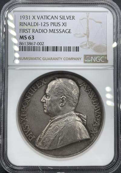 「木头集藏」章牌精品专场！ - 1931年梵蒂冈教皇庇护十一世纪念银章，MS 63，纪念庇护十一世（Pius XI）的首次无线电弥撒——1931年2月12日梵蒂冈电台开播，庇护十一世通过广播向全球传递了“Omni Creaturae”（致万物）的牧灵讯息，这是天主教首次用无线电传播教廷声音，很有纪念意义！。
