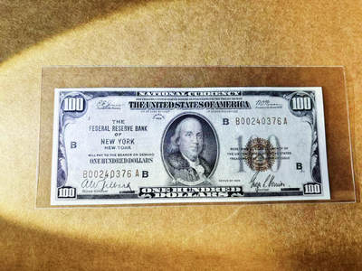 【Blue Auction】世界纸币精拍第755期——18级TOP拍卖/信誉/品质/专业/高效💫 - 美国1929年100美金 国民券 纽约版 品相如图 