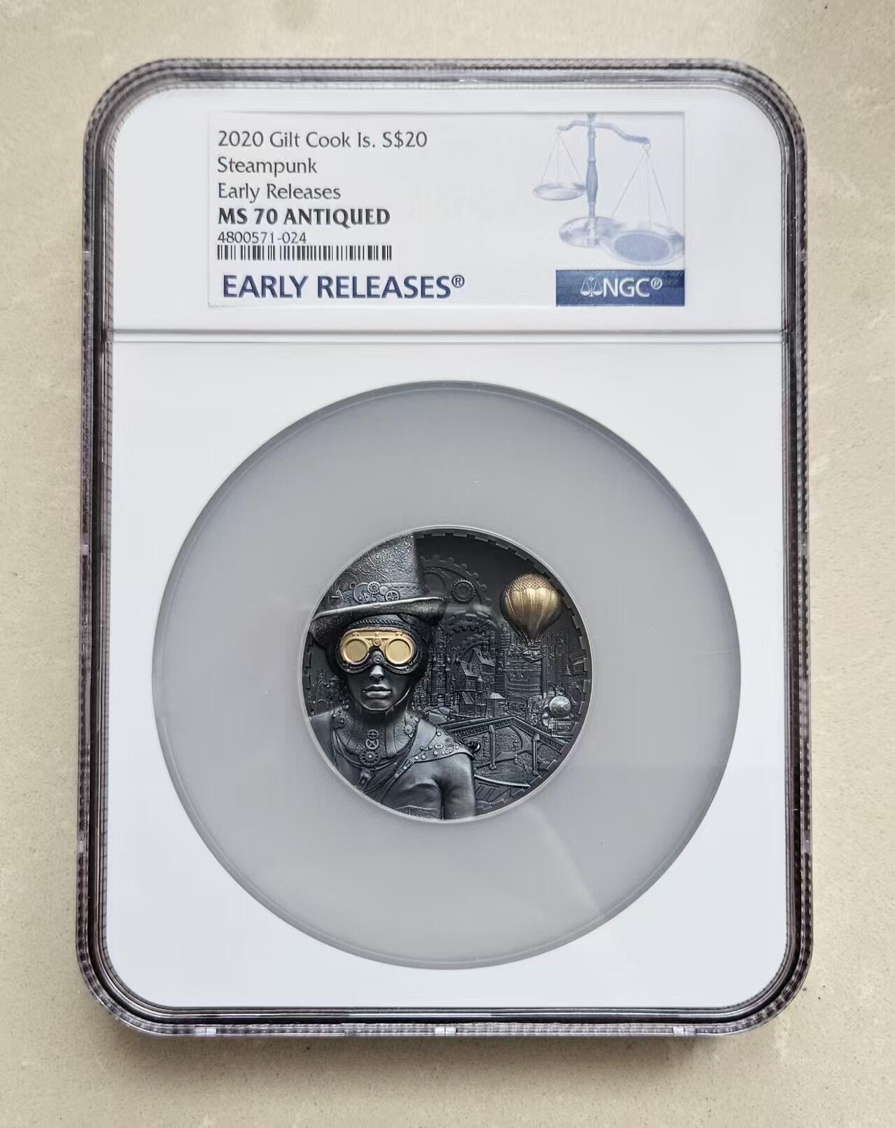 ❤️【币观天下】❤️ 第332期钱币拍卖- 2025.11.28周五晚上6点半场-长期征集拍品 NGC70库克2020年蒸汽朋克3盎司银币纪念版蓝标封装币带证书包装