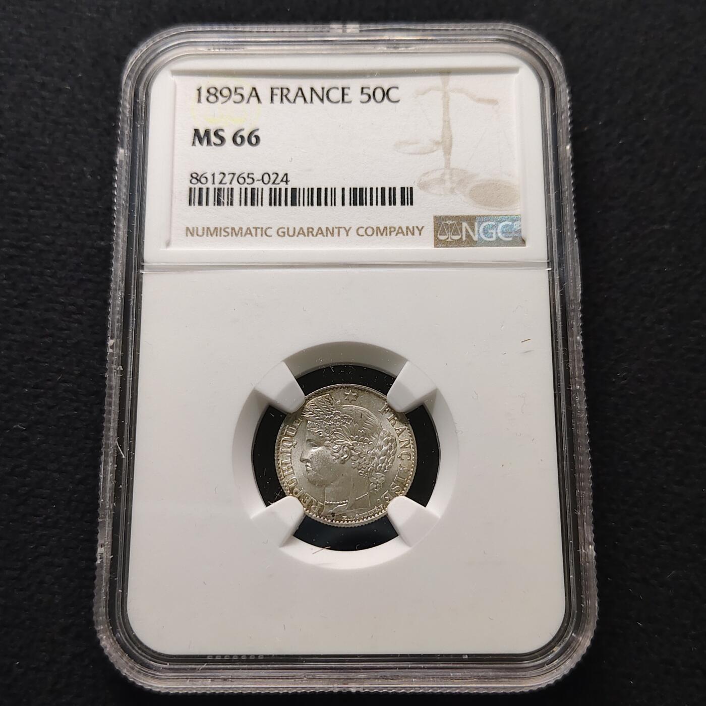 【全场包邮】纯粹捡漏拍481场（免费代拍第18场） 【收藏级】法国1895年花冠女神50分银币-NGC MS66