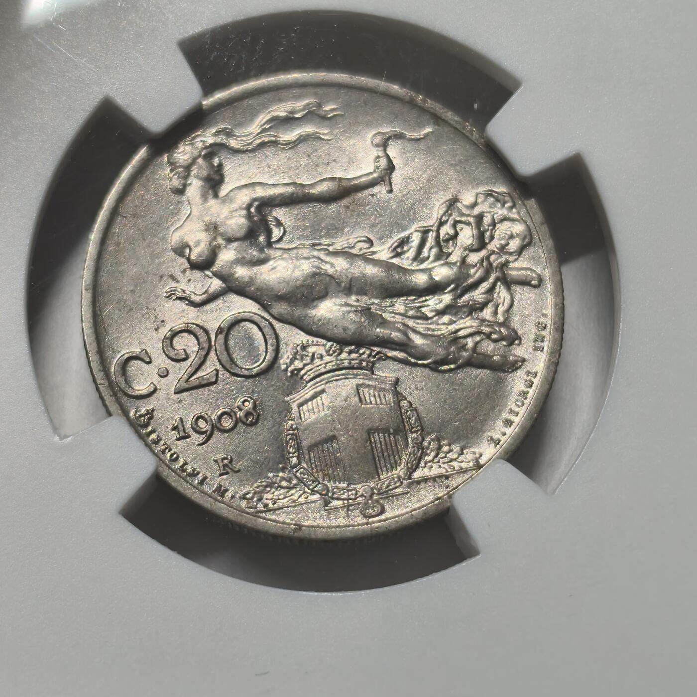 老蟹的宝藏🏴‍☠️ IV NGC AU58 1908R年 意大利20分-严评