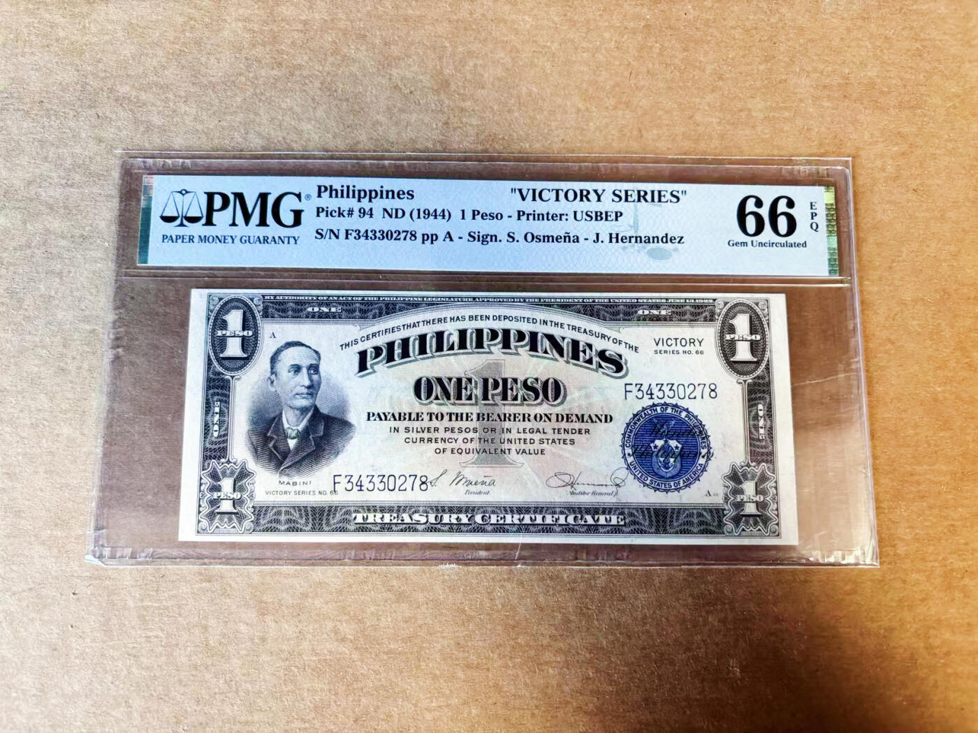【Blue Auction】世界纸币精拍第755期——18级TOP拍卖/信誉/品质/专业/高效💫 菲律宾 1944年1比索 胜利系列 PMG66EPQ 