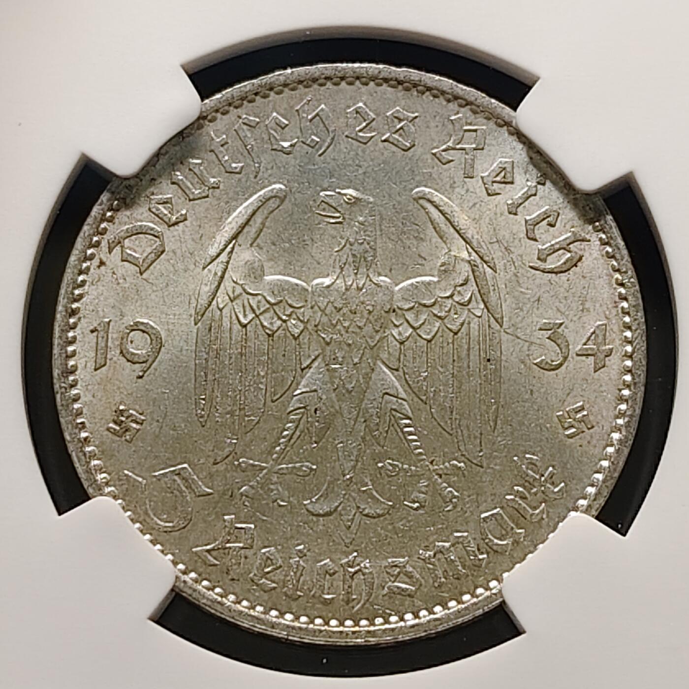 【全场包邮】纯粹捡漏拍481场（免费代拍第18场） 德国第三帝国1934年教堂5马克银币-NGC MS61