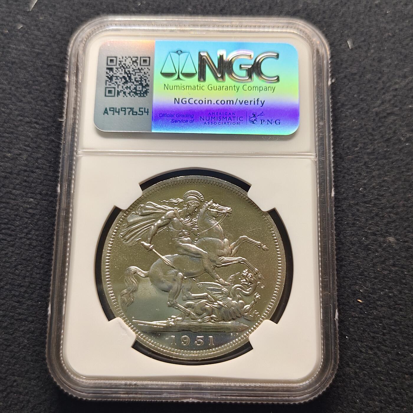 【全场包邮】纯粹捡漏拍481场（免费代拍第18场） 英国1951年乔治六世5先令最后的马剑克朗型纪念币-NGC PL63