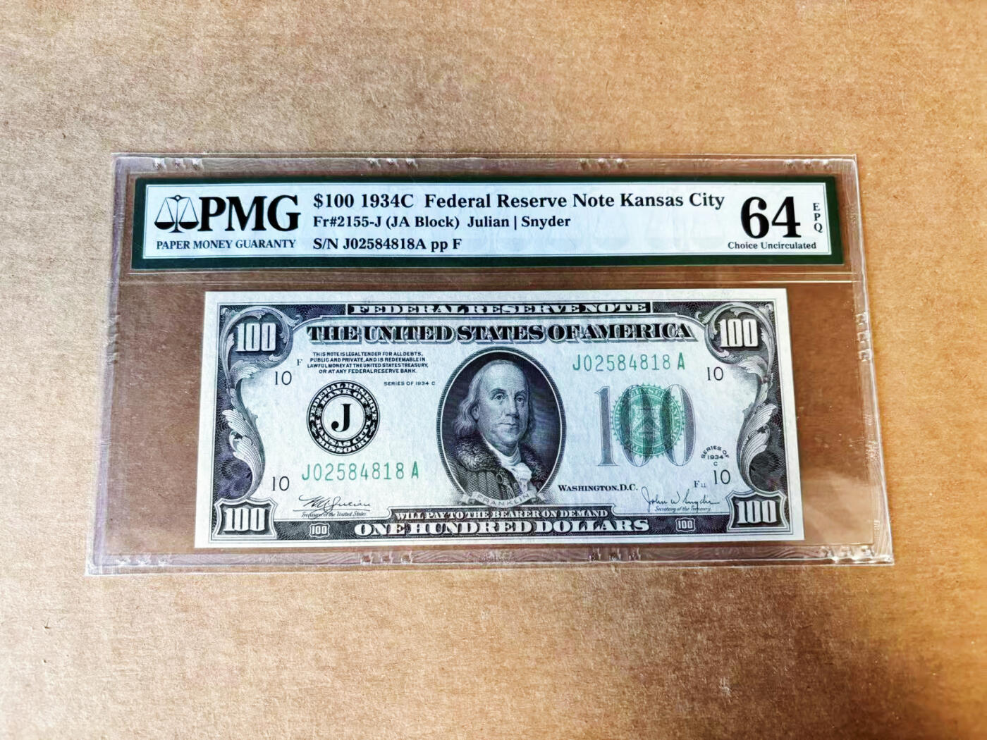 【Blue Auction】世界纸币精拍第755期——18级TOP拍卖/信誉/品质/专业/高效💫 【少见10区堪萨斯】美国 1934C 100美金 PMG64EPQ 老壳