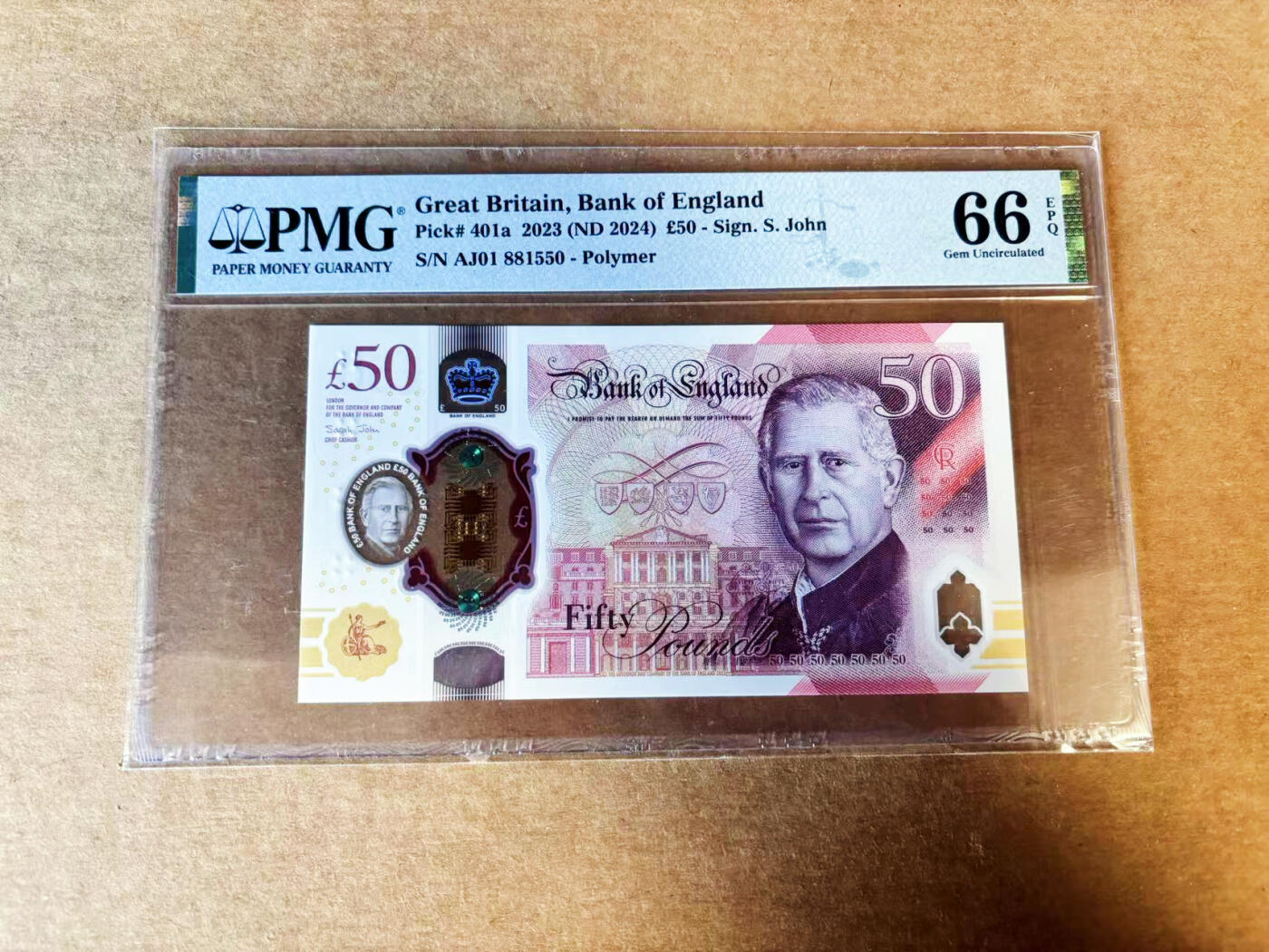 【Blue Auction】世界纸币精拍第755期——18级TOP拍卖/信誉/品质/专业/高效💫 【AJ01首发冠无47】英国 2024年50镑 PMG66EPQ 