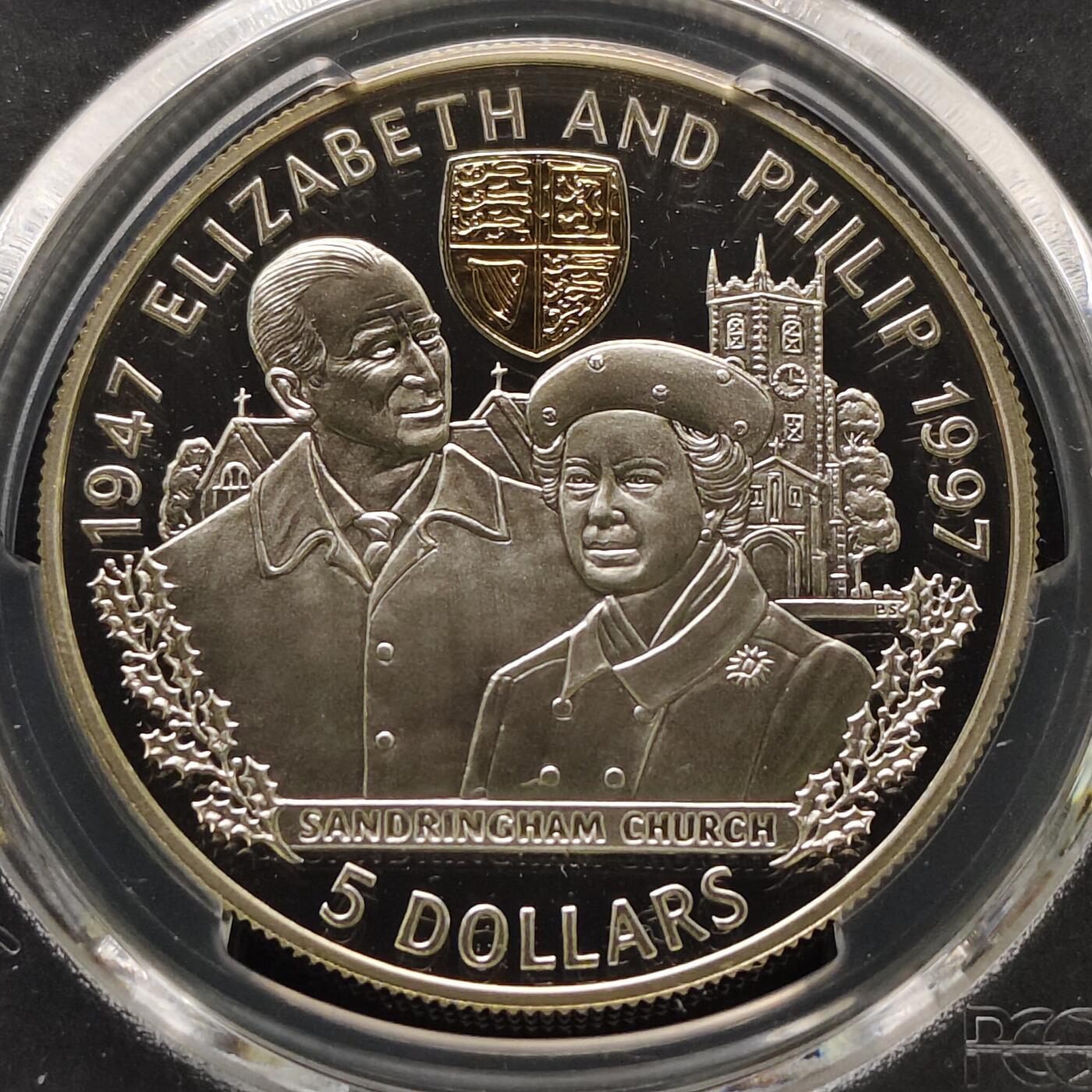 【全场包邮】纯粹捡漏拍481场（免费代拍第18场） 伯利兹1997年5元女王金婚局部镀金精制克朗型纪念银币-PCGS PR69 DCAM