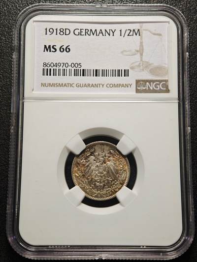 【德藏】世界币章拍卖第154期（拍品征集中~欢迎藏友联系） - 1918年D厂 德国巴伐利亚1/2马克银币 NGC MS66 五彩包浆 顶级品相状态