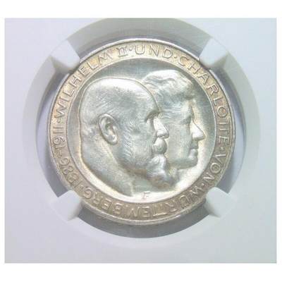 【银】NGC UNC 德国符腾堡1911年 威廉二世银婚3马克银币 金色包浆 开卷原光 - 【银】NGC UNC 德国符腾堡1911年 威廉二世银婚3马克银币 金色包浆 开卷原光