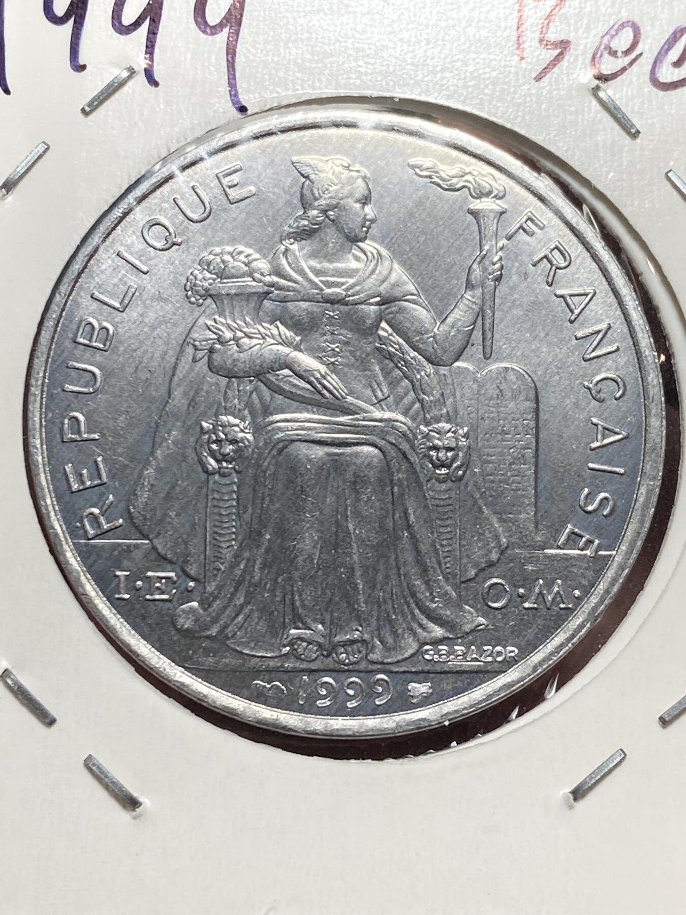 2025年第一百三十二场(总第一百五十八场）外国好品纸夹散币场(免佣金) 原光好品法属波利尼西亚🇵🇫1999年5法郎(第二套流通硬币，Bee–蜜蜂标)